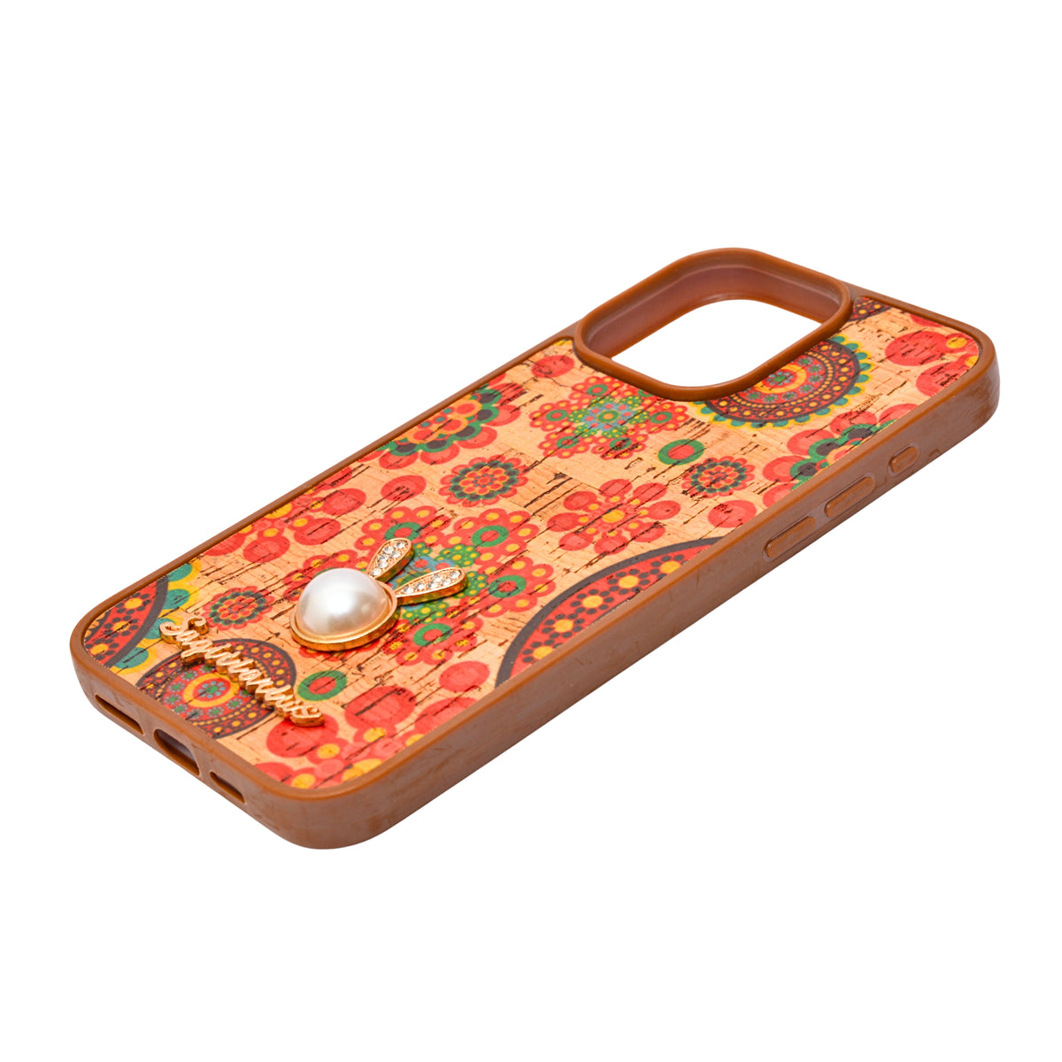 Bohemian Ethnic Print Cork Texture with Pearl Detail Phone Case for iPhone 15 Pro Max
