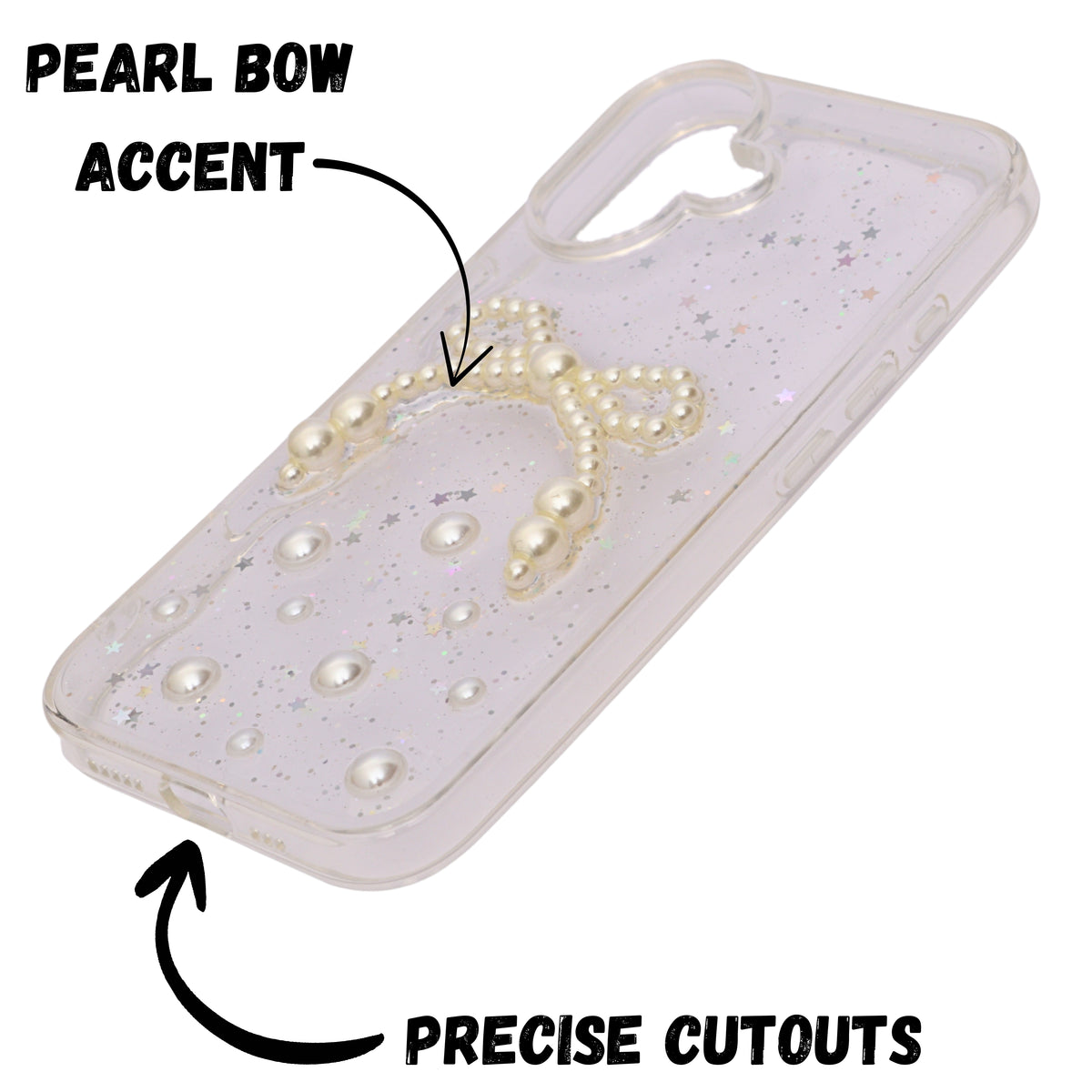 Elegant Pearl Bow Resin Glitter Phone Case for iPhone 16