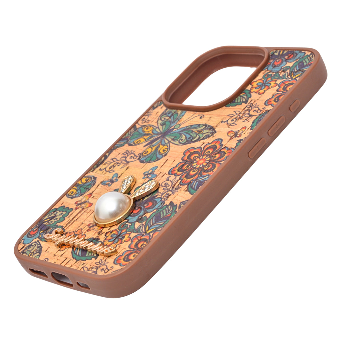 Bohemian Ethnic Print Cork Texture with Pearl Detail Phone Case for iPhone 15 Pro