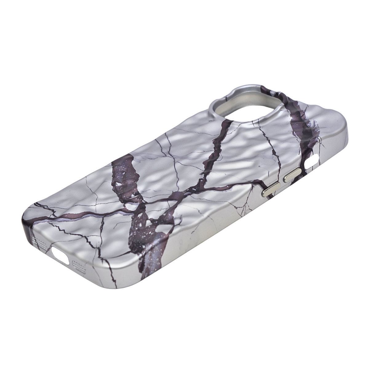 Glossy Silver Chrome with Black Crackle Marble Design Phone Case for iPhone 13 / 14