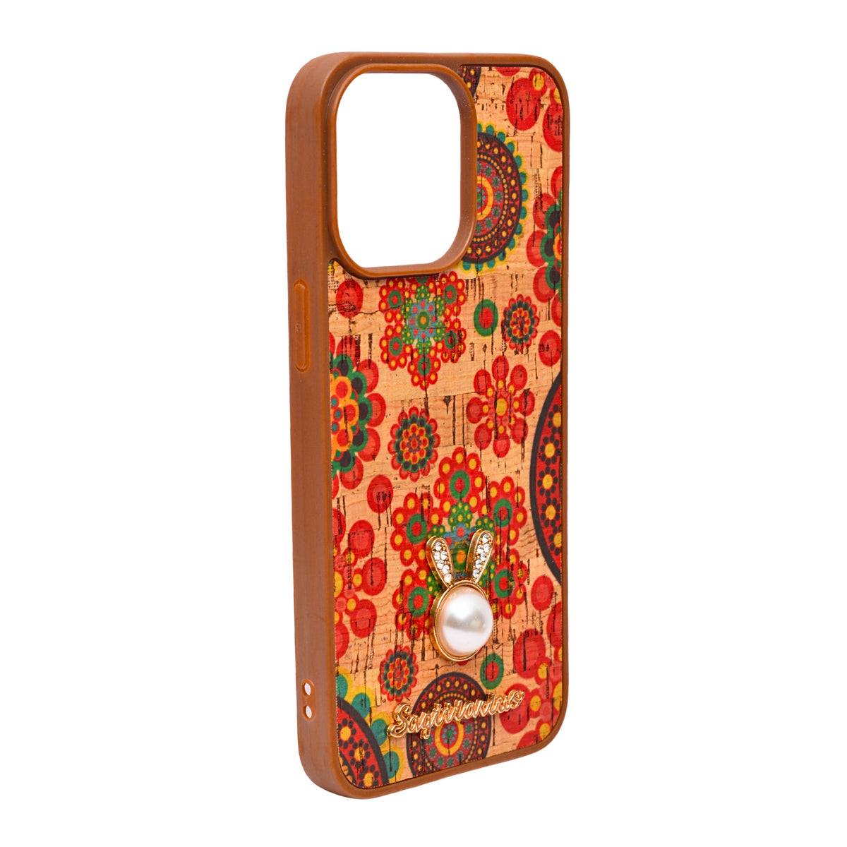 Bohemian Ethnic Print Cork Texture with Pearl Detail Phone Case for iPhone 15 Pro Max