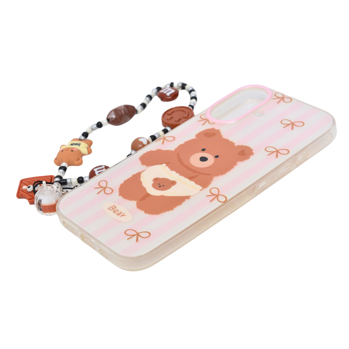 Cute Teddy Bear Soft Phone Case with Beaded Charm for iPhone 16