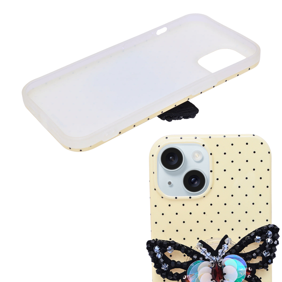 Luxury Polka Dot with 3D Sequin Butterfly PopSocket Phone Case for iPhone 15