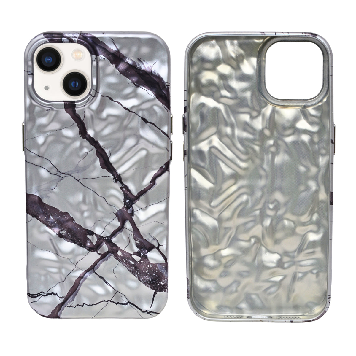 Glossy Silver Chrome with Black Crackle Marble Design Phone Case for iPhone 13 / 14