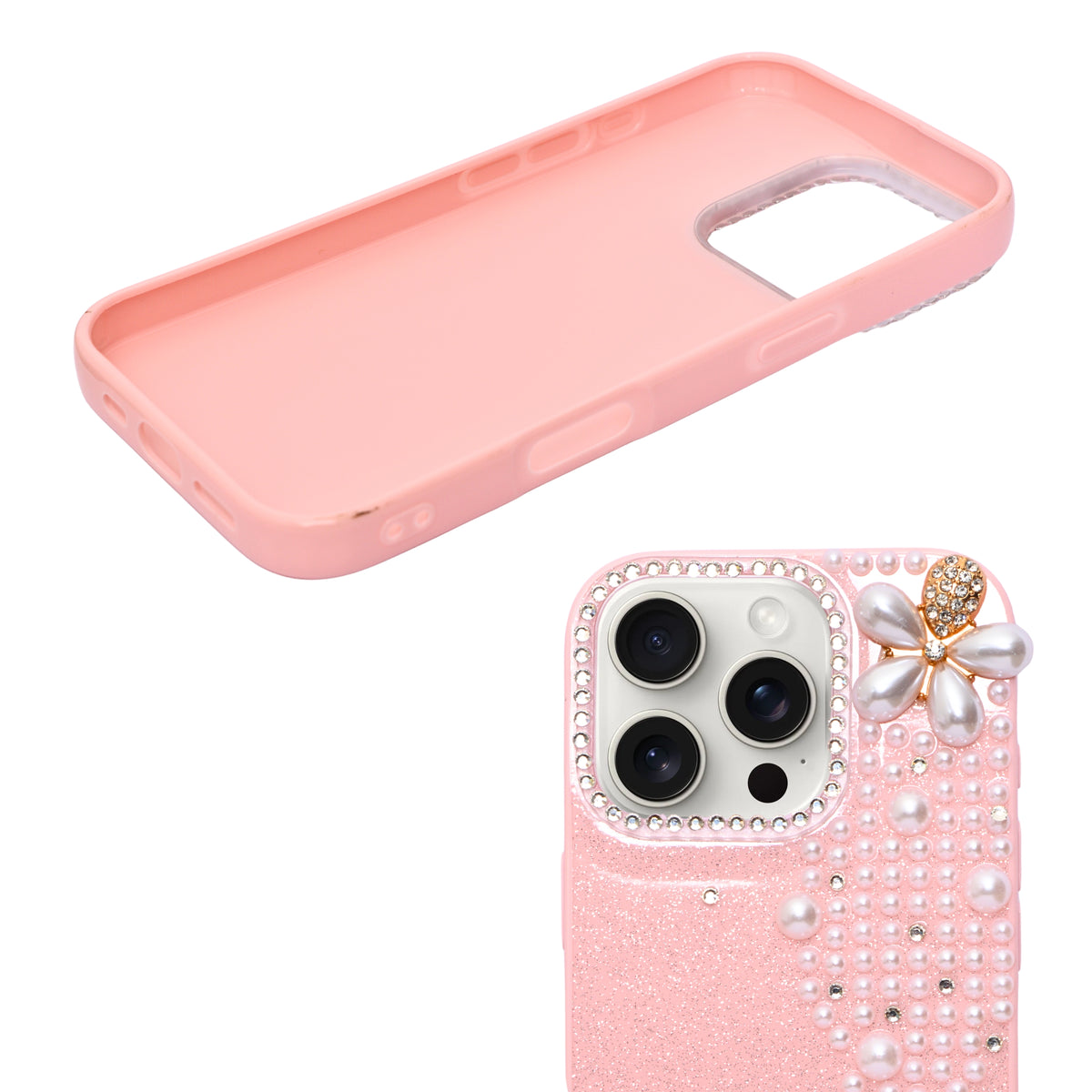 Luxury Glitter Finish with 3D Pearl Flower Design Phone Case for iPhone 16 Pro