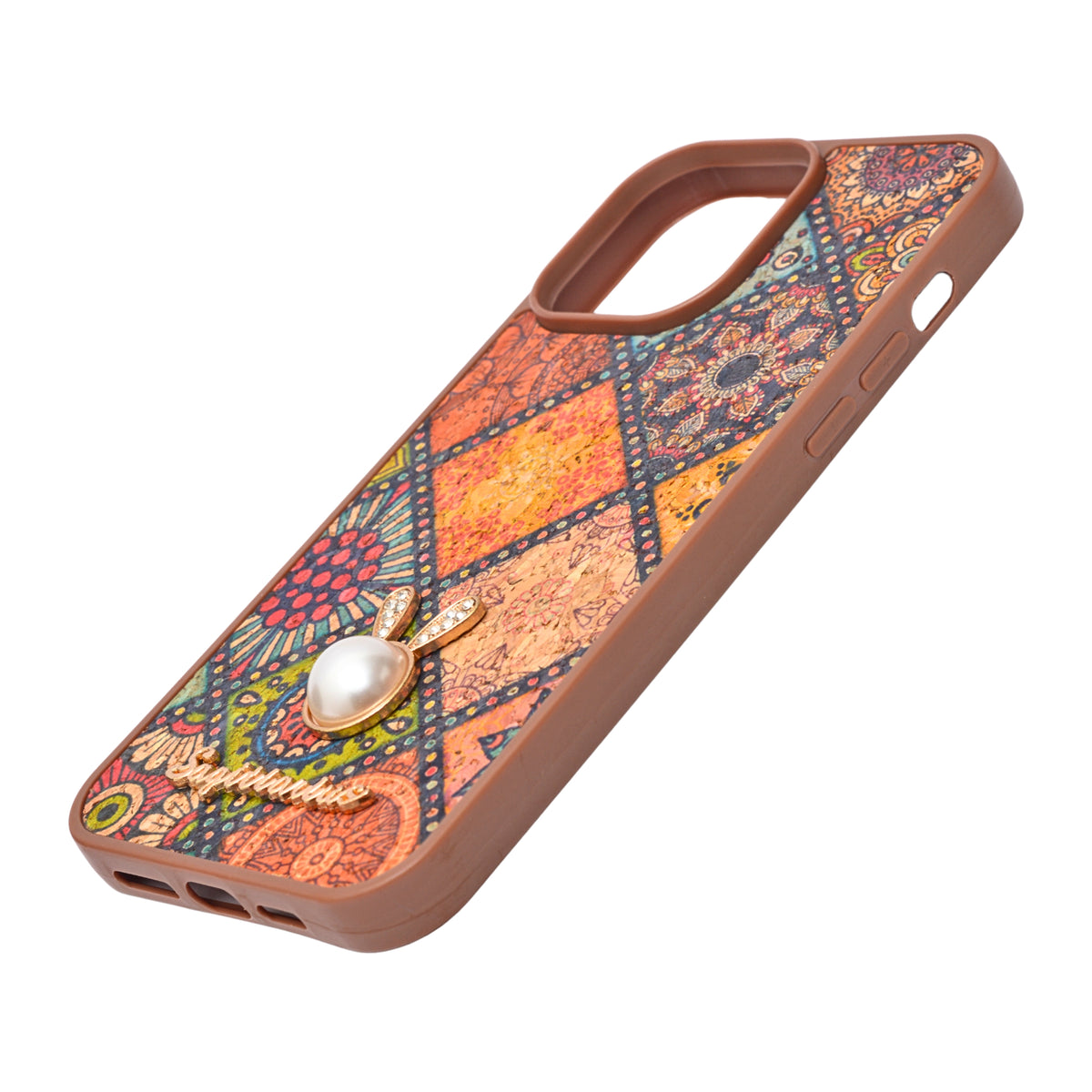 Bohemian Ethnic Print Cork Texture with Pearl Detail Phone Case for iPhone 14 Pro Max