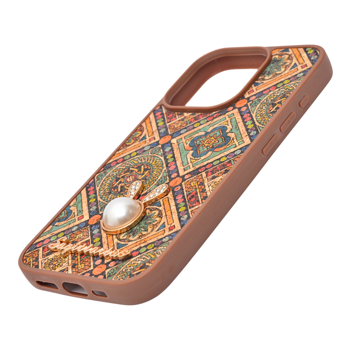 Bohemian Ethnic Print Cork Texture with Pearl Detail Phone Case for iPhone 15 Pro