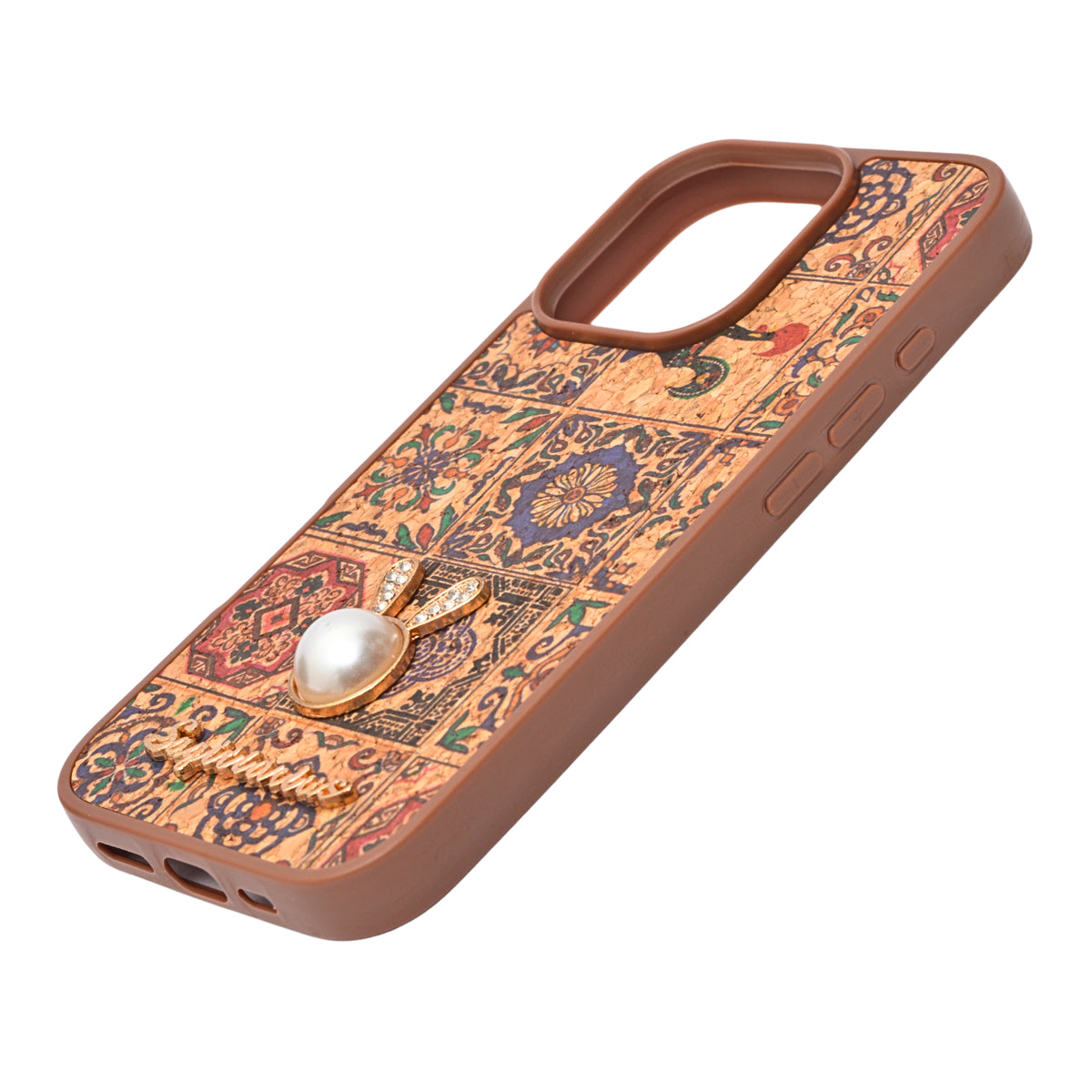 Bohemian Ethnic Print Cork Texture with Pearl Detail Phone Case for iPhone 16 Pro