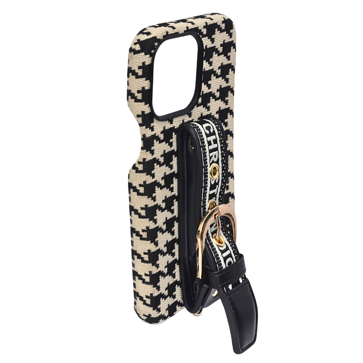 Dior Inspired Houndstooth Pattern with Adjustable Belt Buckle Holder Phone Case for iPhone 15 Pro Max
