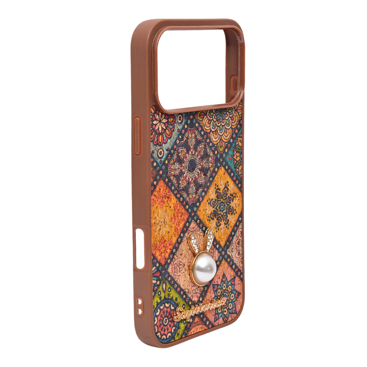 Bohemian Ethnic Print Cork Texture with Pearl Detail Phone Case for iPhone 17 Pro Max