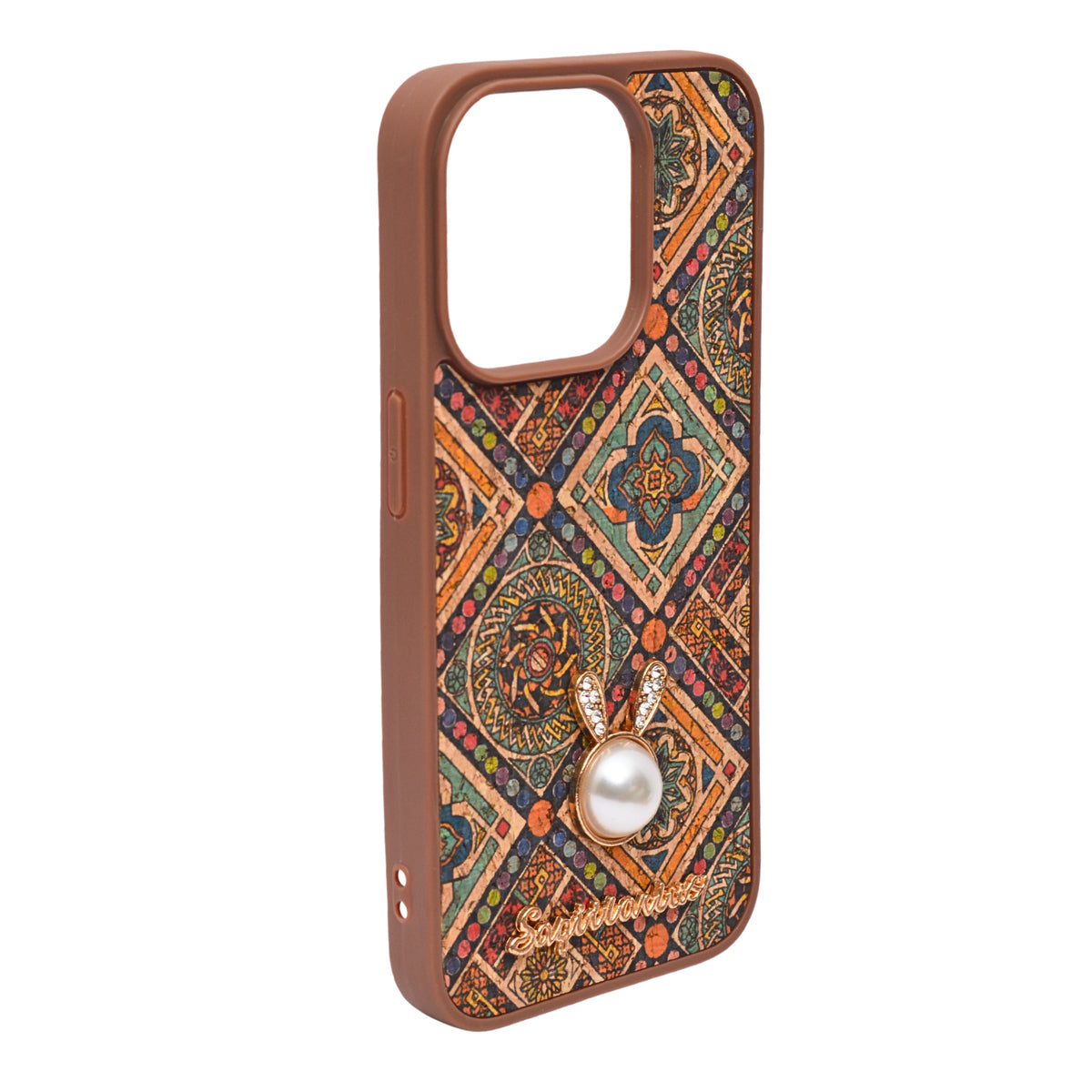 Bohemian Ethnic Print Cork Texture with Pearl Detail Phone Case for iPhone 15 Pro