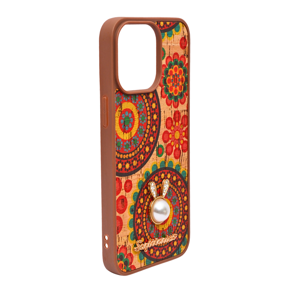 Bohemian Ethnic Print Cork Texture with Pearl Detail Phone Case for iPhone 15 Pro Max
