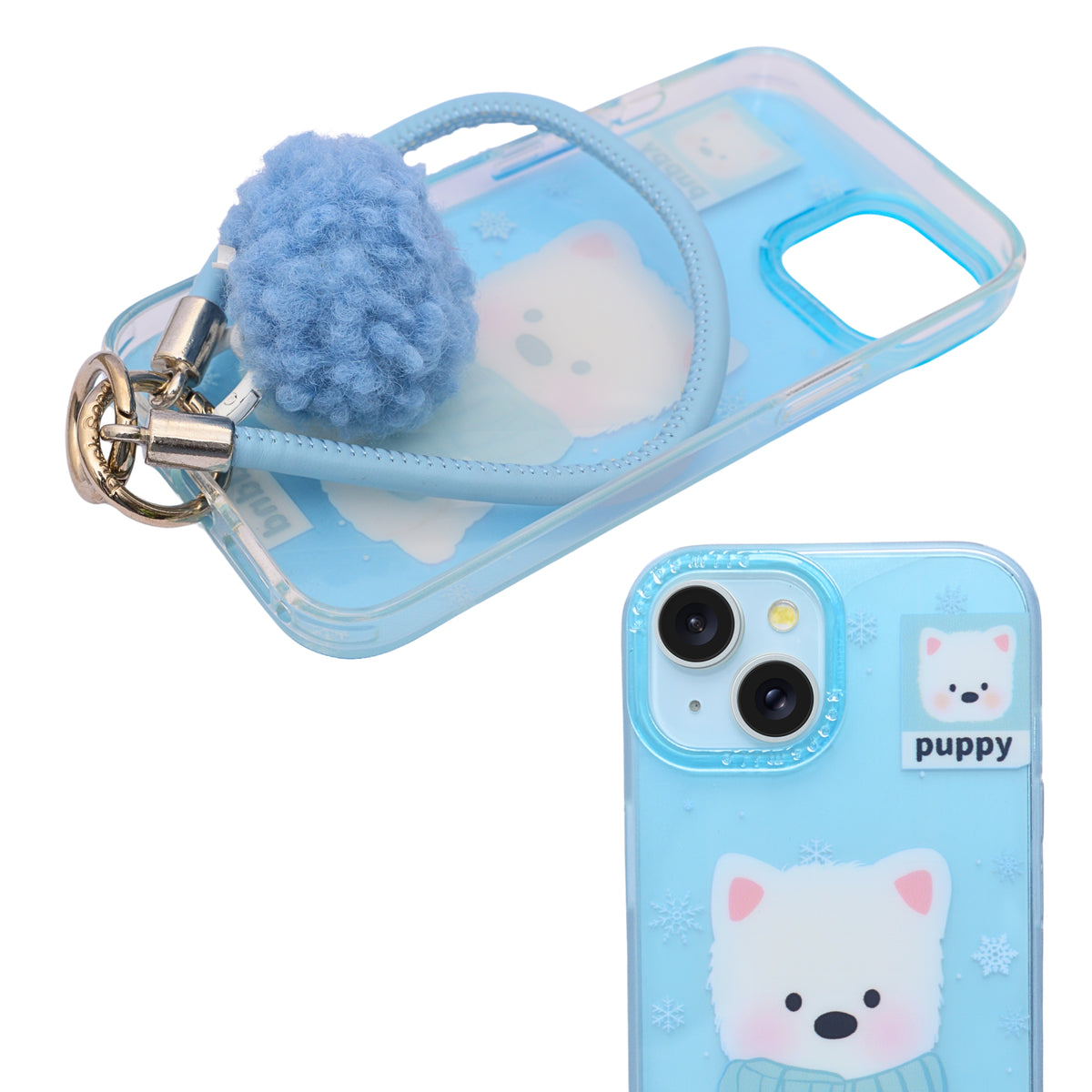 Fluffy Puppy Phone Case with Matching Wrist Strap Charm for iPhone 15