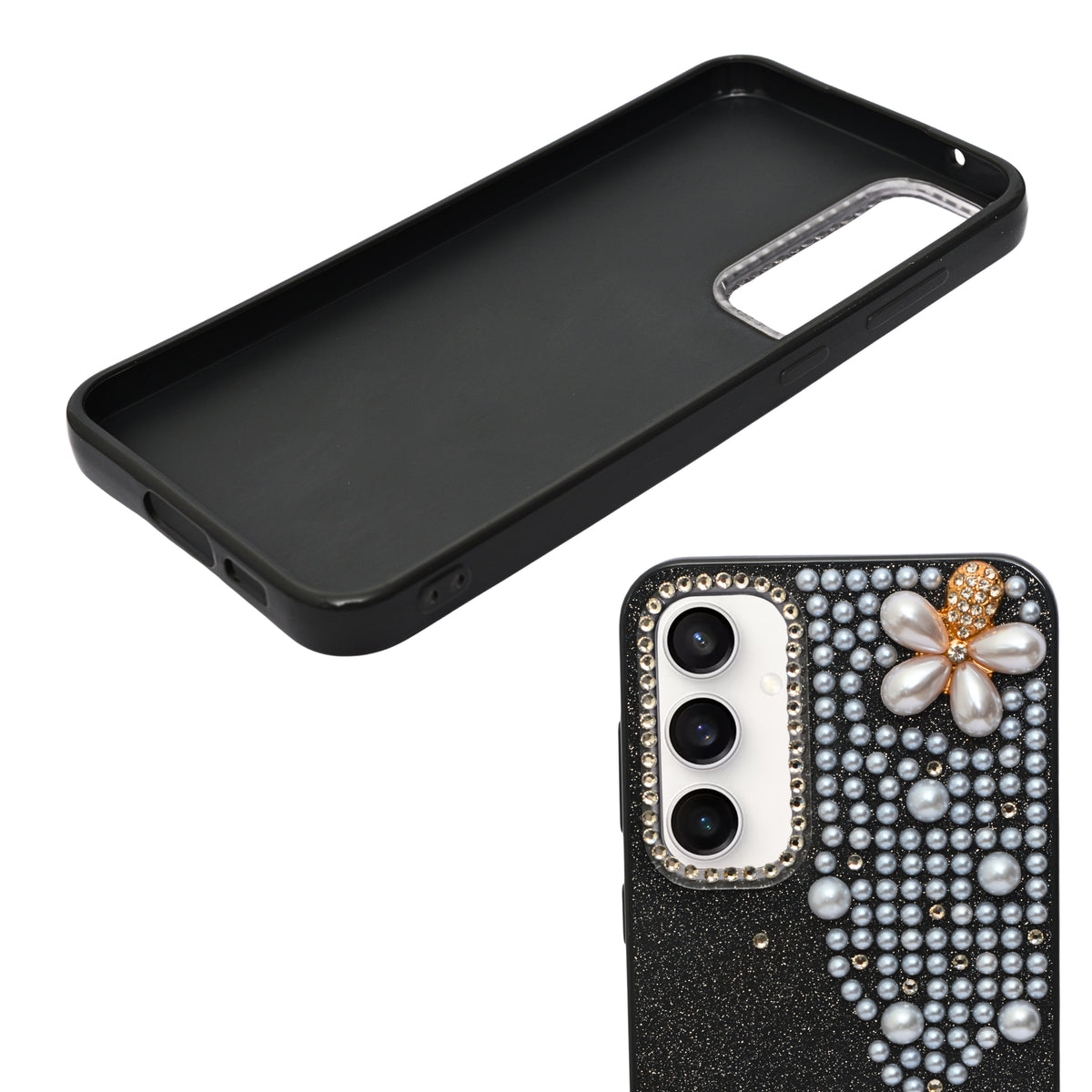 Luxury Glitter Finish with 3D Pearl Flower Design Phone Case for Samsung S23fe