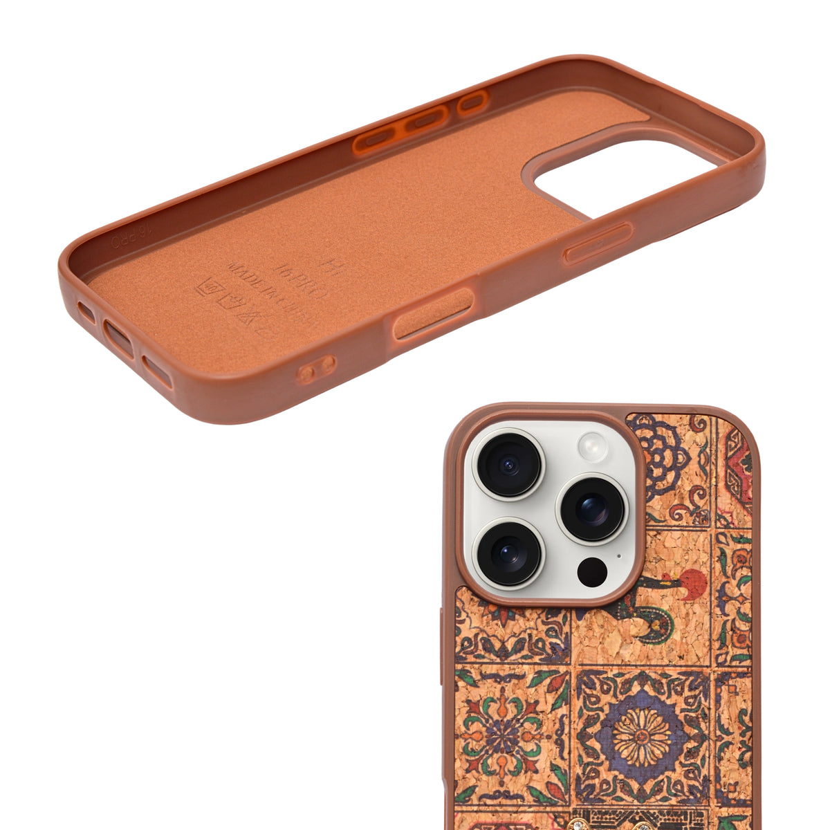 Bohemian Ethnic Print Cork Texture with Pearl Detail Phone Case for iPhone 16 Pro