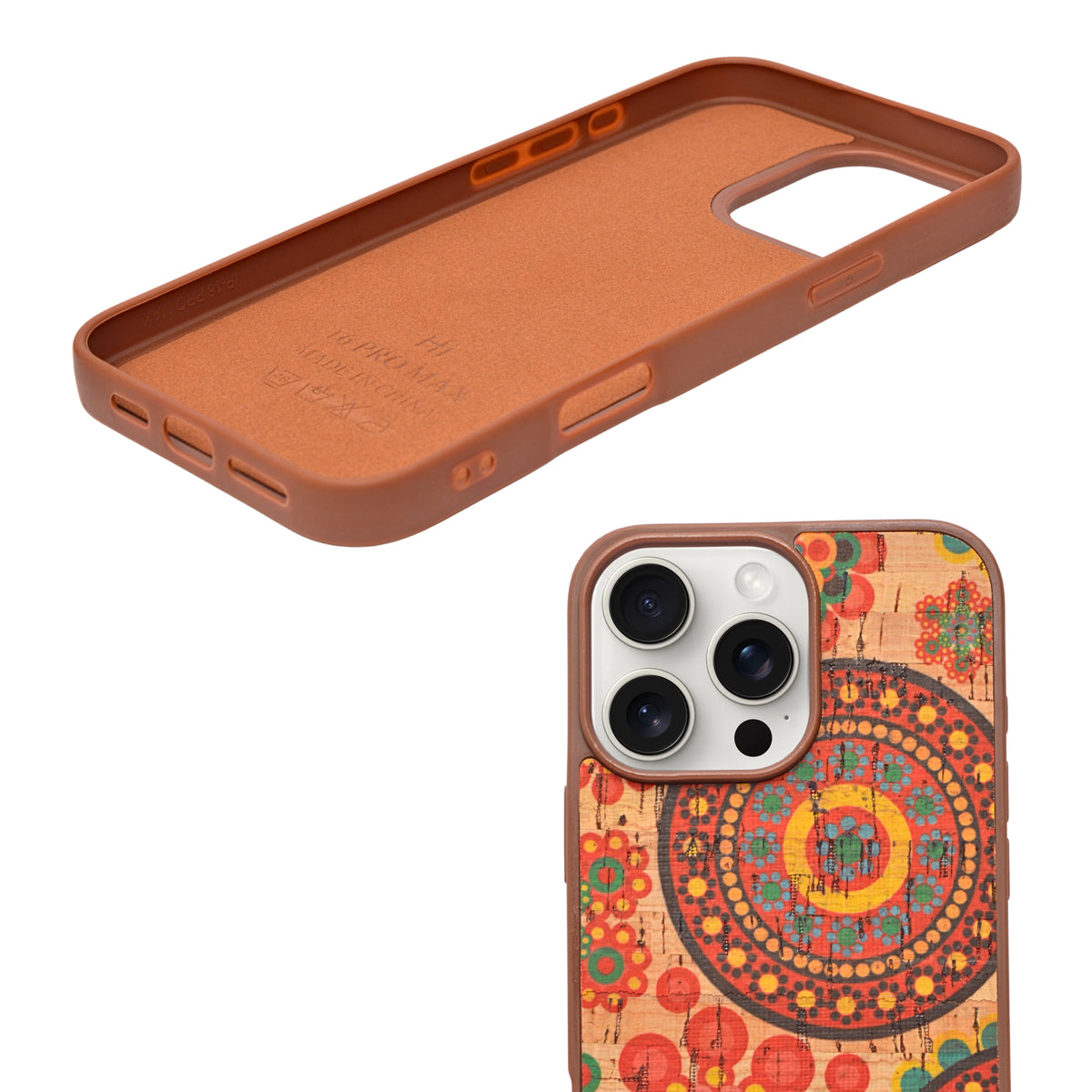 Bohemian Ethnic Print Cork Texture with Pearl Detail Phone Case for iPhone 16 Pro Max