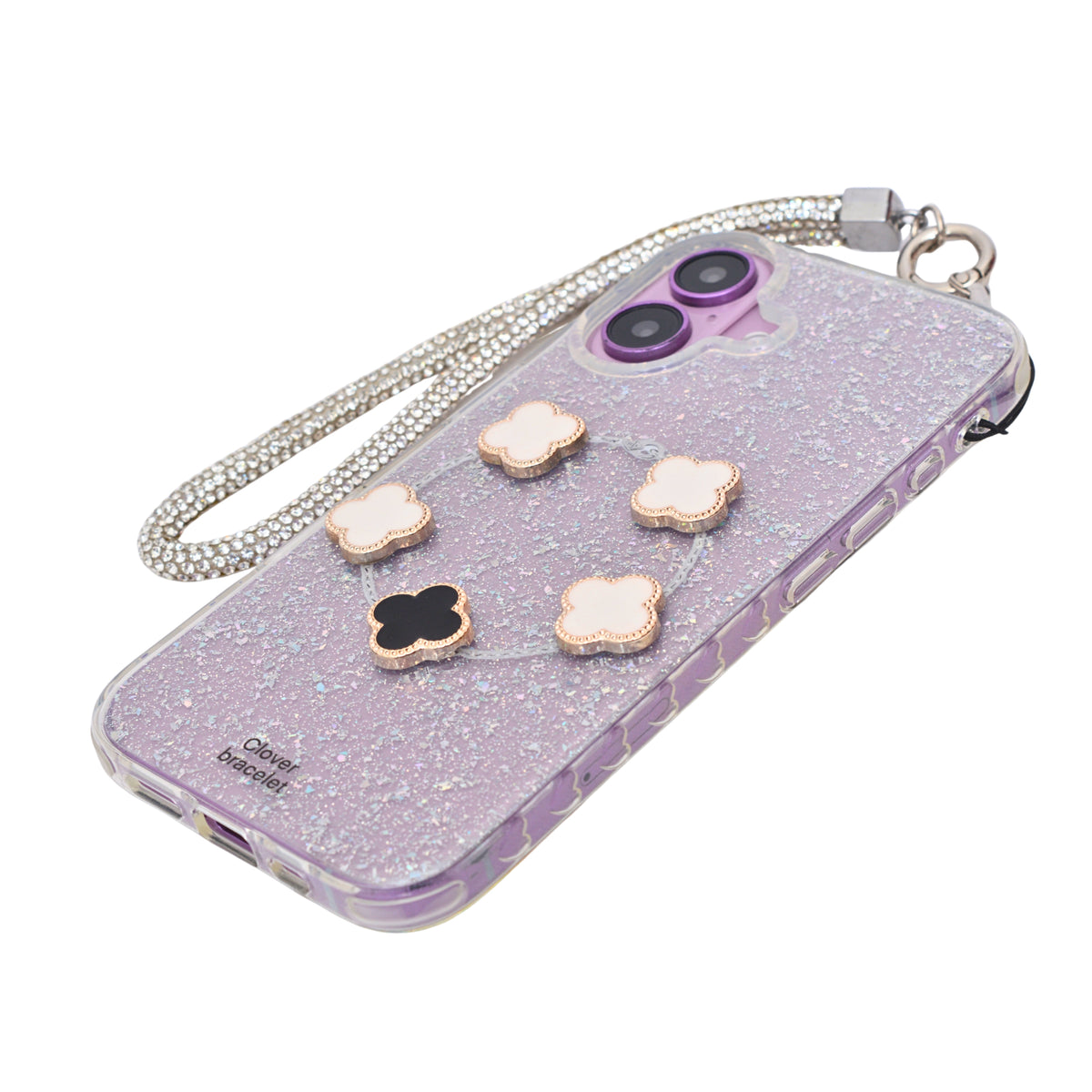 Glitter Clover Charm with Wristlet Phone Case for iPhone 16