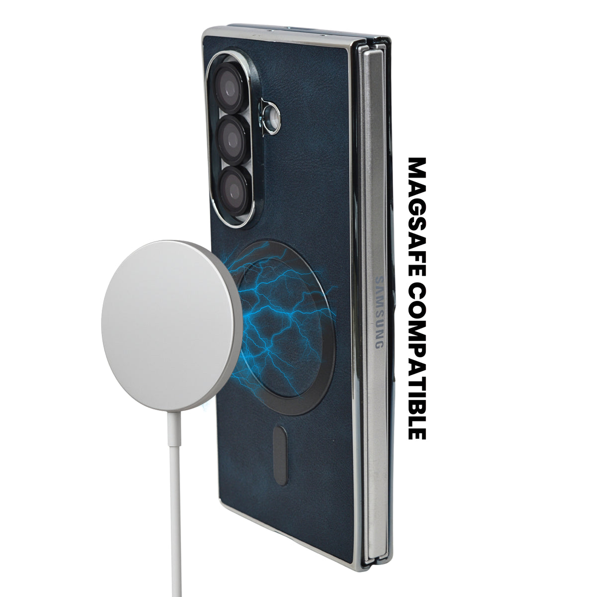 MagSafe Compatible Leather Case for Samsung Galaxy Z Fold 7 – Sleek Magnetic With Side Chrome Back Cover