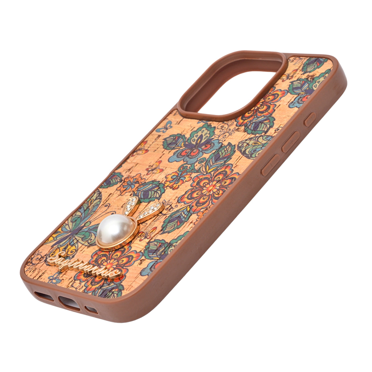 Bohemian Ethnic Print Cork Texture with Pearl Detail Phone Case for iPhone 16 Pro