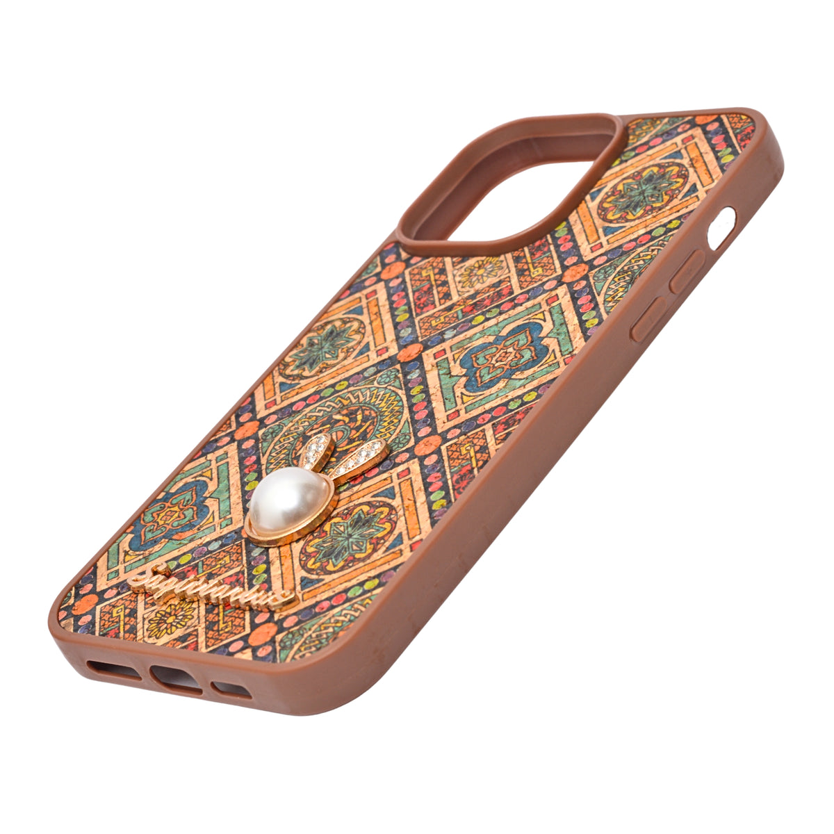 Bohemian Ethnic Print Cork Texture with Pearl Detail Phone Case for iPhone 14 Pro Max