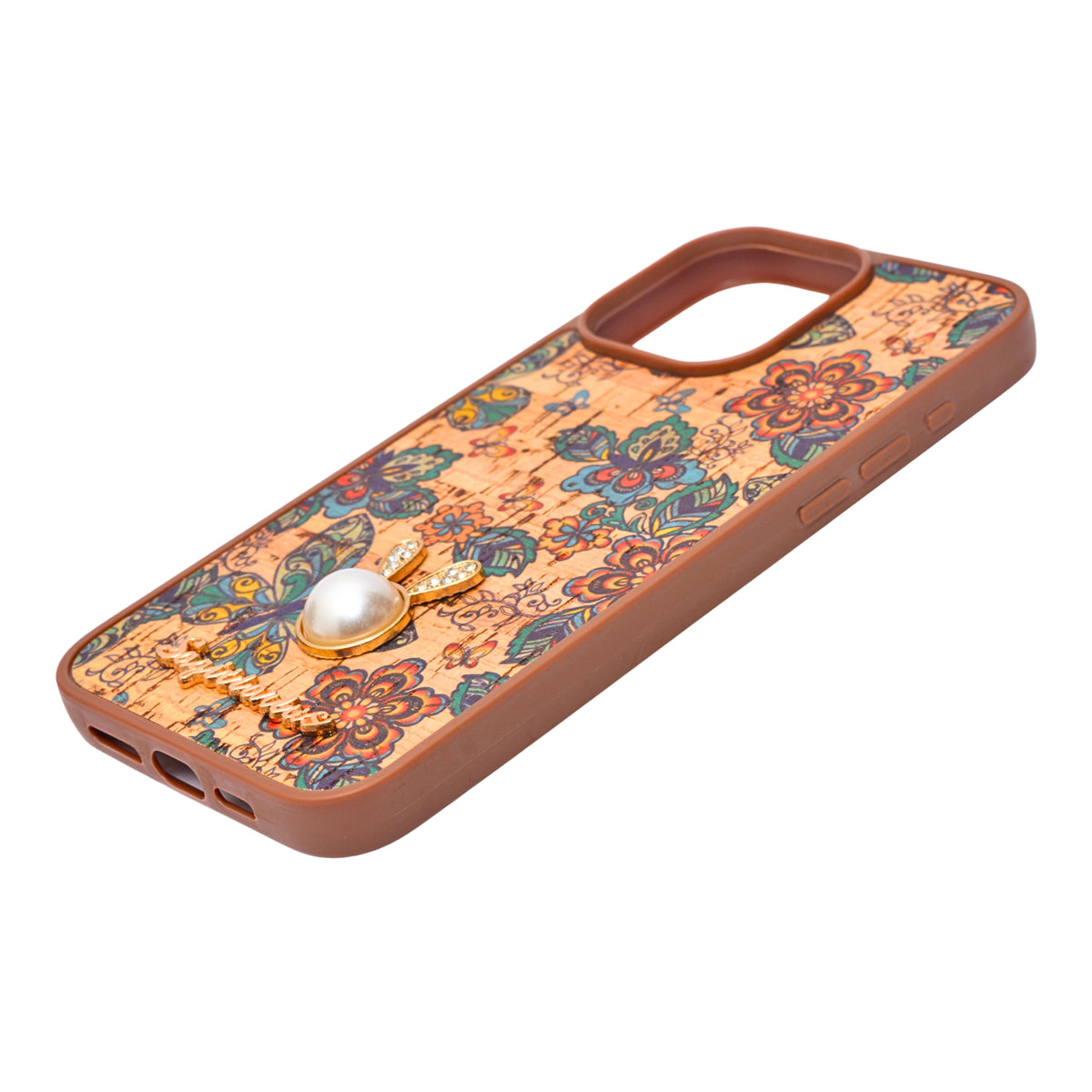 Bohemian Ethnic Print Cork Texture with Pearl Detail Phone Case for iPhone 15 Pro Max