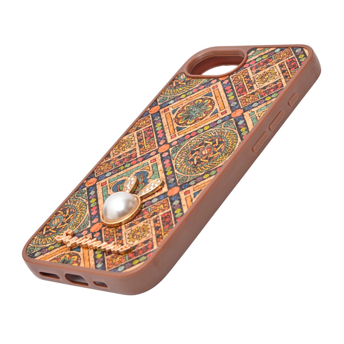 Bohemian Ethnic Print Cork Texture with Pearl Detail Phone Case for iPhone 16e