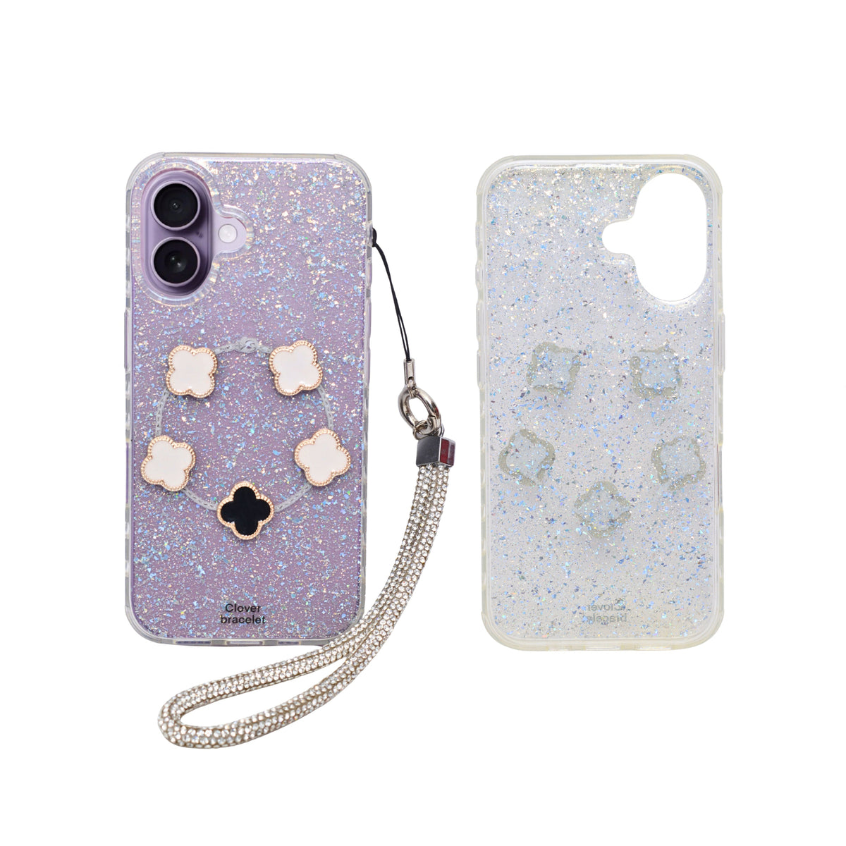 Glitter Clover Charm with Wristlet Phone Case for iPhone 16