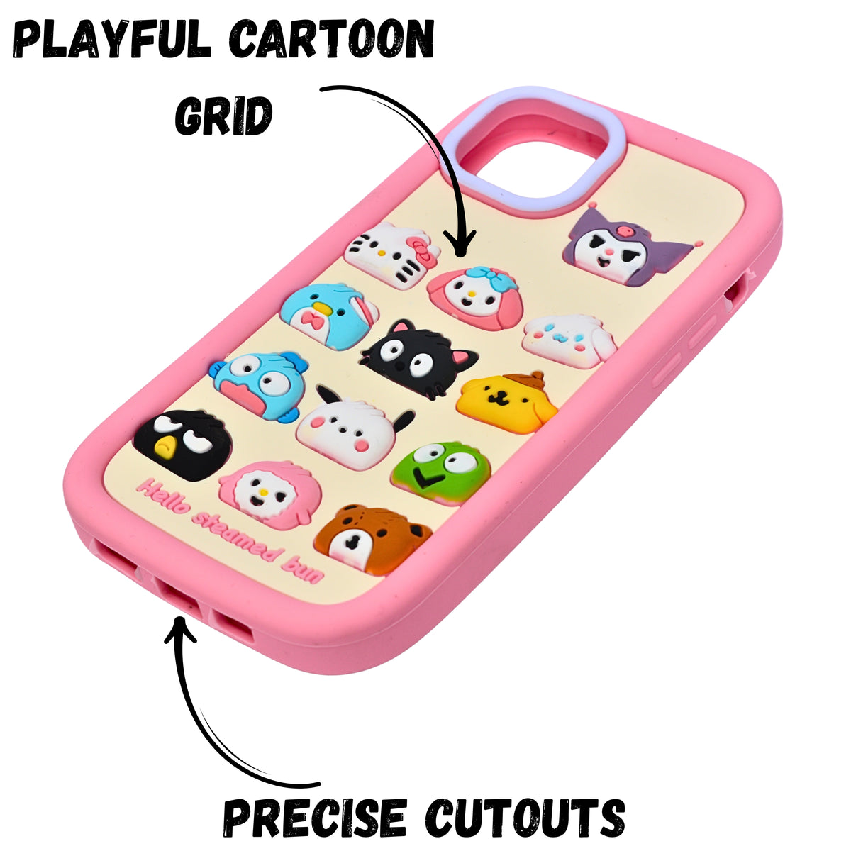 3D Cartoon Hello Steamed Bun Character Design Phone Case For iPhone 15 Plus