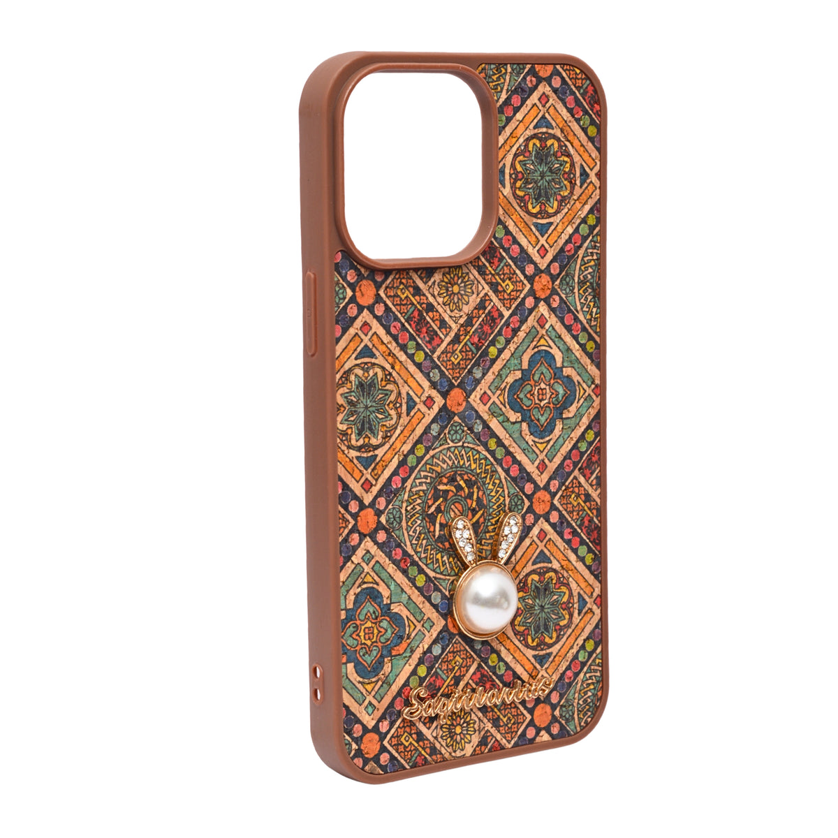 Bohemian Ethnic Print Cork Texture with Pearl Detail Phone Case for iPhone 14 Pro Max