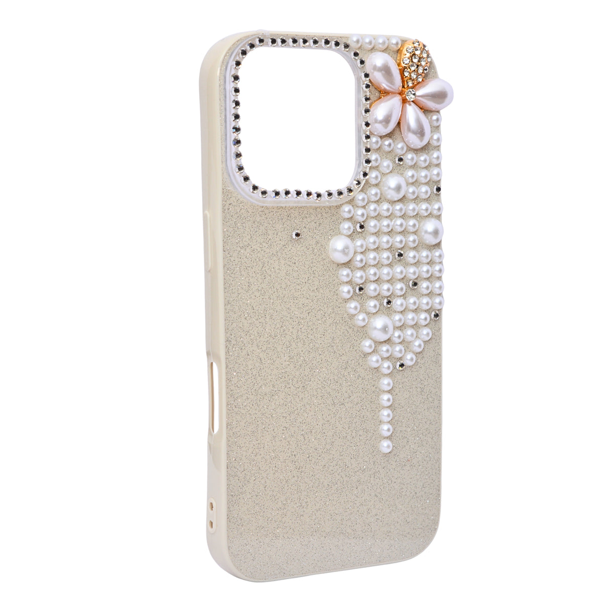 Luxury Glitter Finish with 3D Pearl Flower Design Phone Case for iPhone 16 Pro