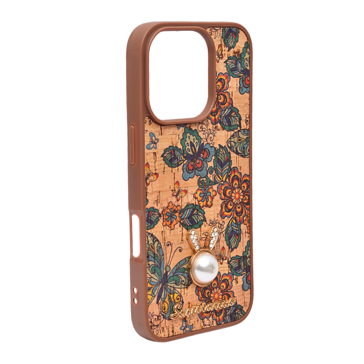 Bohemian Ethnic Print Cork Texture with Pearl Detail Phone Case for iPhone 16 Pro