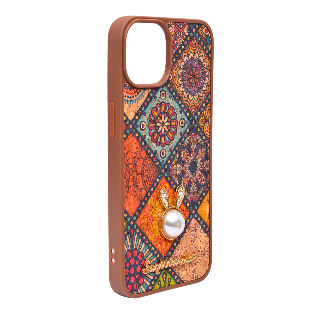 Bohemian Ethnic Print Cork Texture with Pearl Detail Phone Case for iPhone 13 / 14