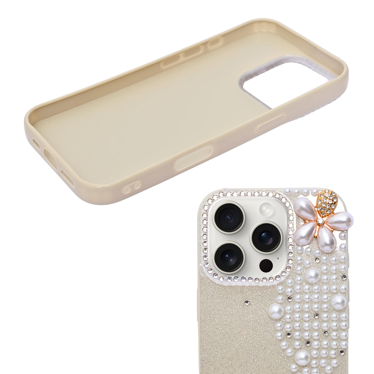 Luxury Glitter Finish with 3D Pearl Flower Design Phone Case for iPhone 16 Pro