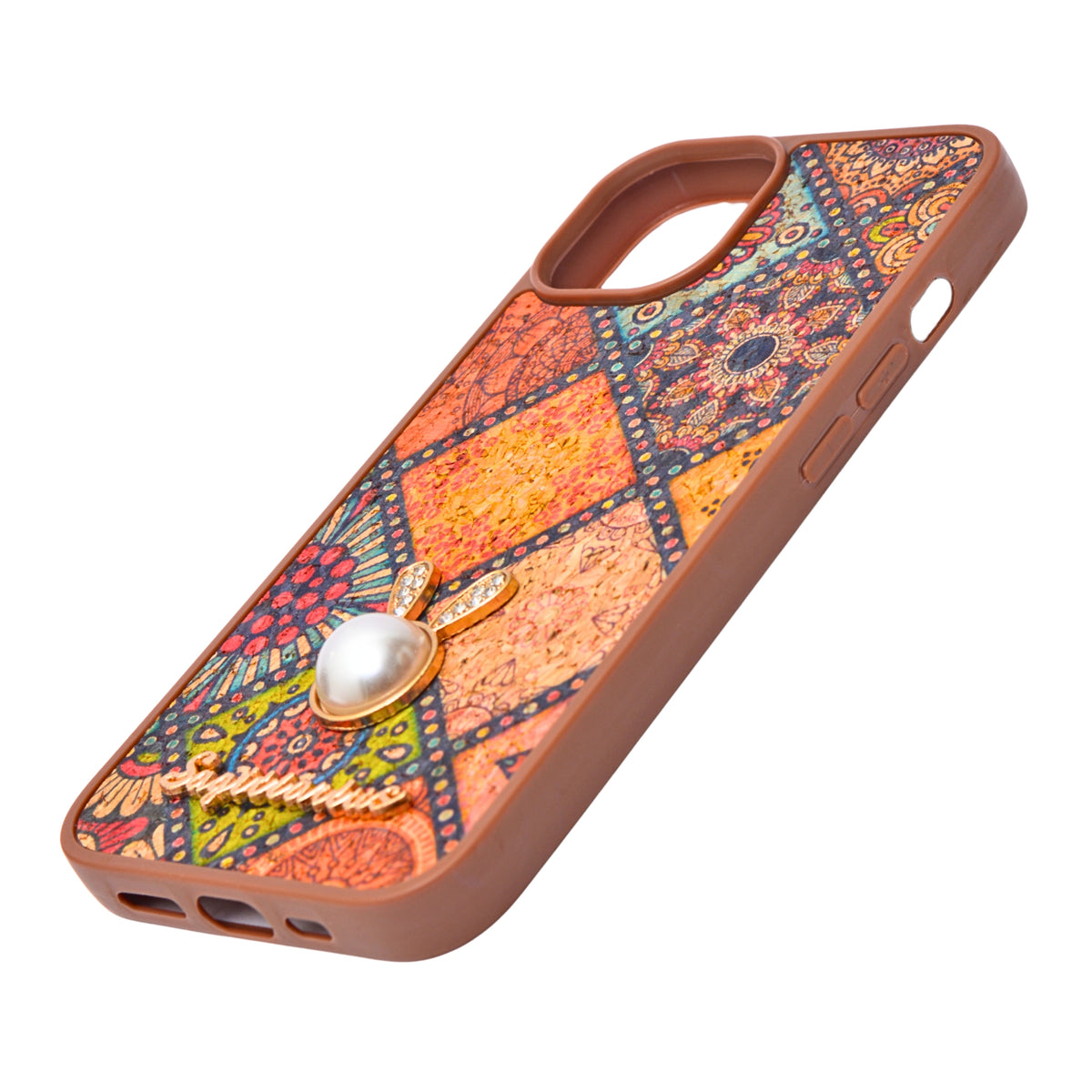 Bohemian Ethnic Print Cork Texture with Pearl Detail Phone Case for iPhone 13 / 14