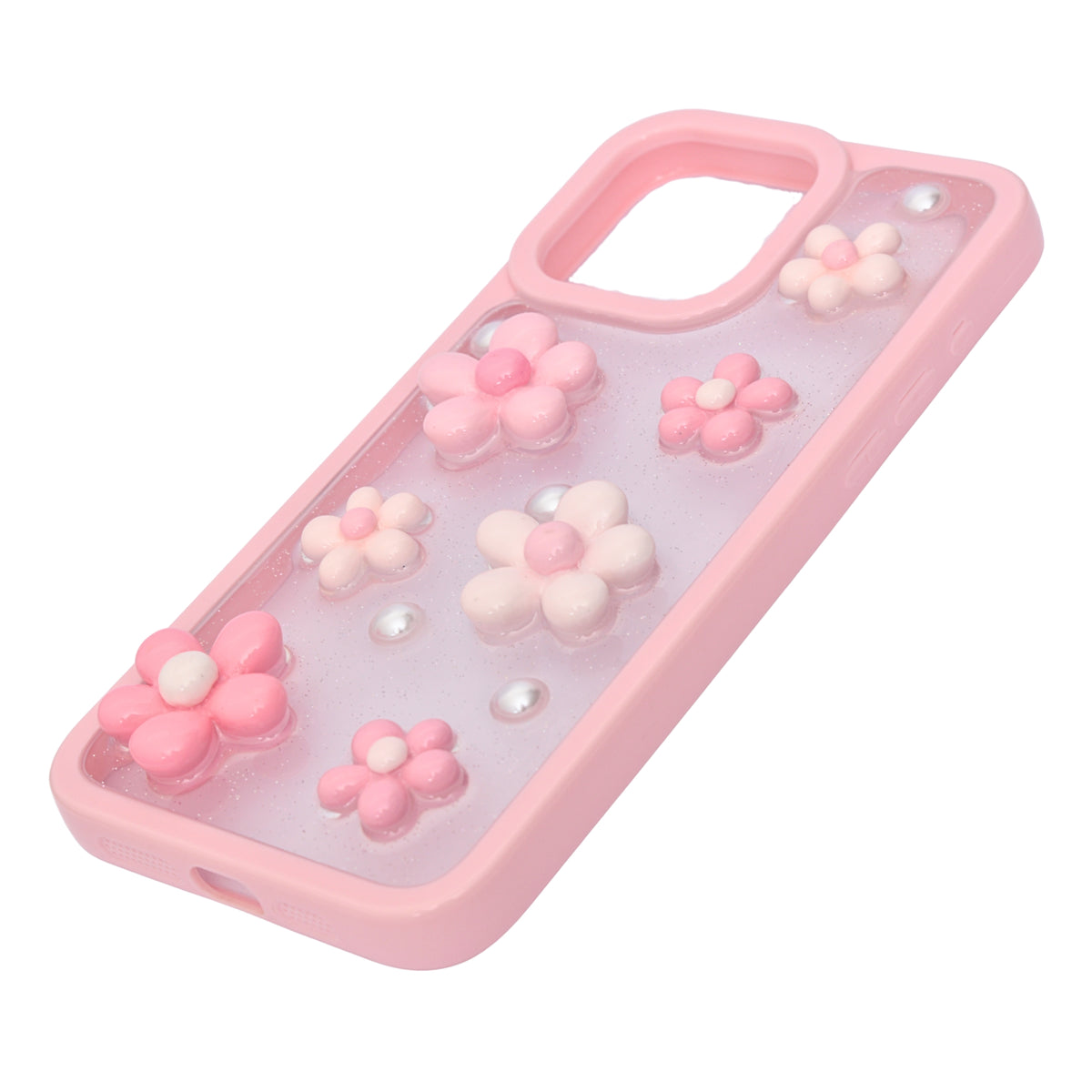 3D Pink Floral Pearl Design Protective Phone Case for iPhone 15 Pro Max