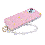 Sparkle Floral Bow with Pearl & Butterfly Charm Wristlet Phone Case for iPhone 15
