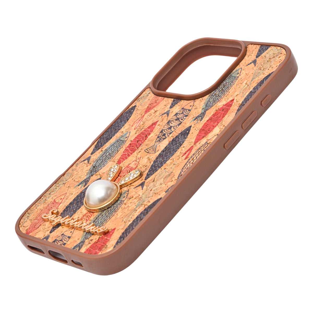 Bohemian Ethnic Print Cork Texture with Pearl Detail Phone Case for iPhone 16 Pro
