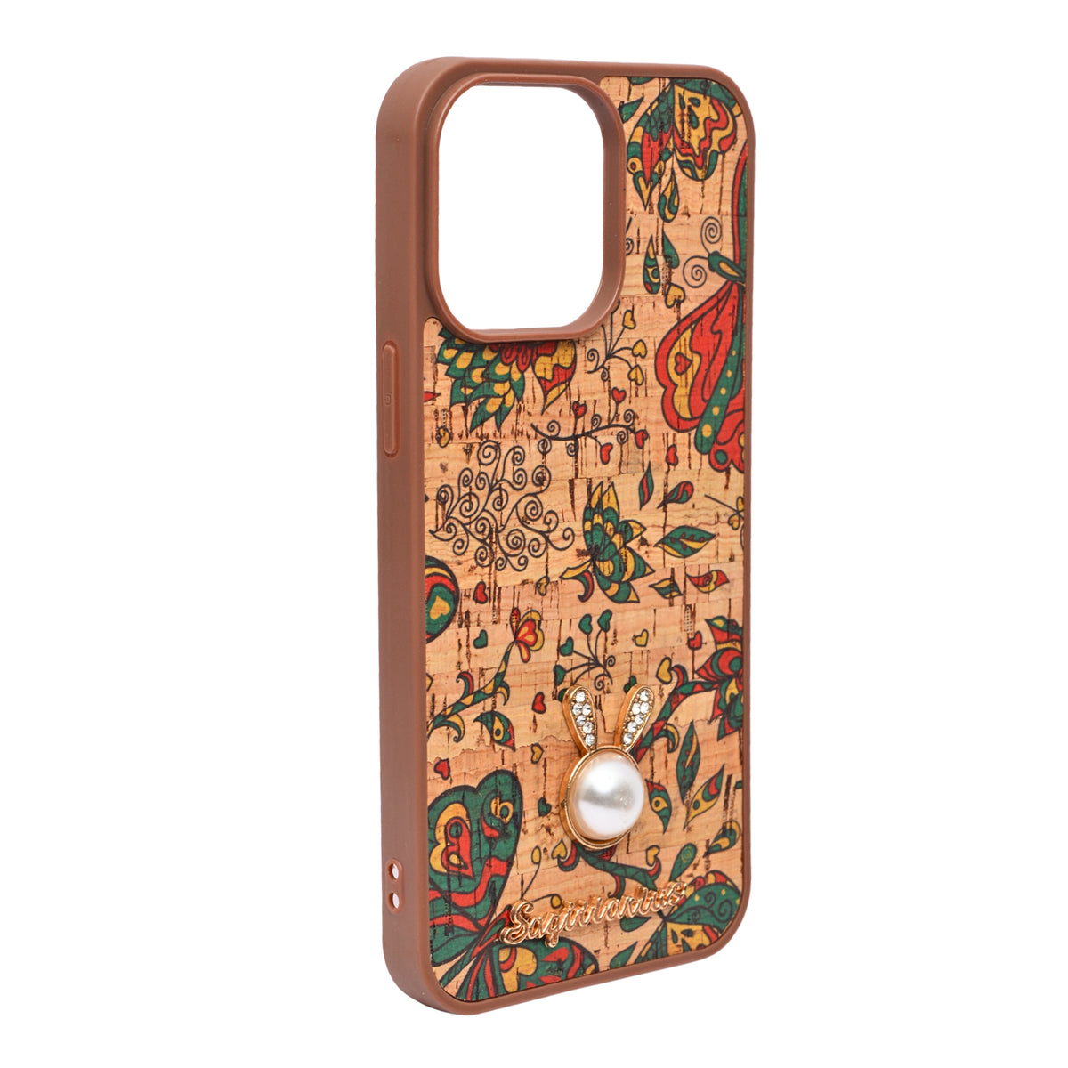 Bohemian Ethnic Print Cork Texture with Pearl Detail Phone Case for iPhone 14 Pro Max