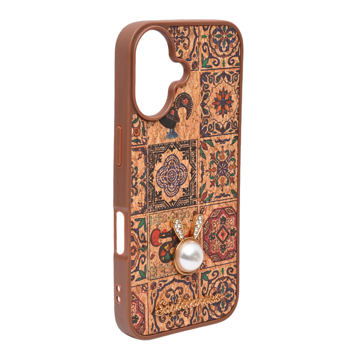 Bohemian Ethnic Print Cork Texture with Pearl Detail Phone Case for iPhone 16