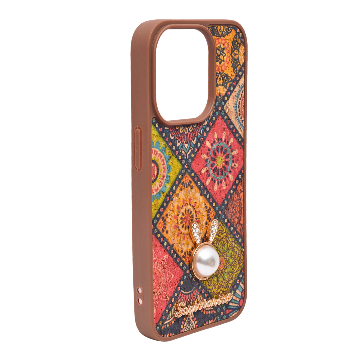 Bohemian Ethnic Print Cork Texture with Pearl Detail Phone Case for iPhone 15 Pro