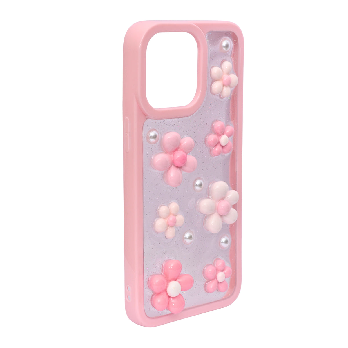 3D Pink Floral Pearl Design Protective Phone Case for iPhone 15 Pro Max