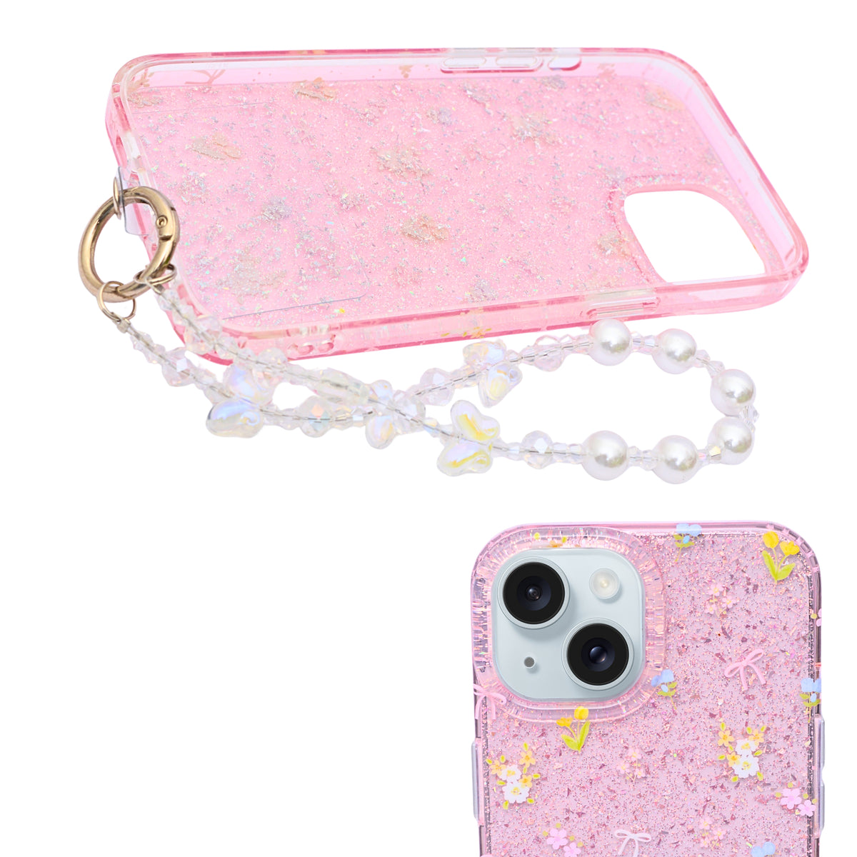 Sparkle Floral Bow with Pearl & Butterfly Charm Wristlet Phone Case for iPhone 15