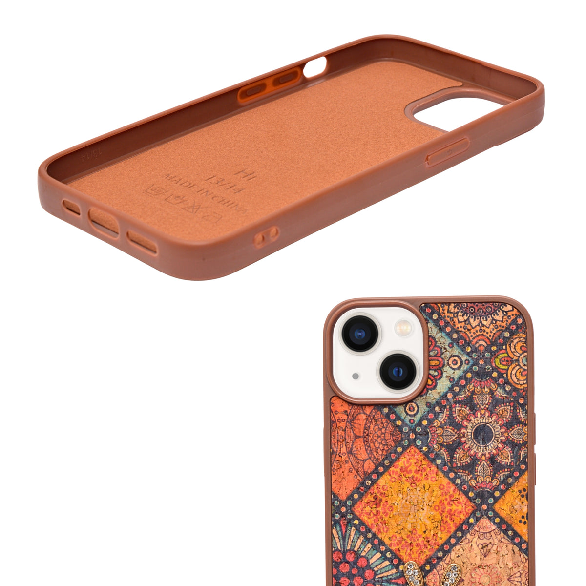 Bohemian Ethnic Print Cork Texture with Pearl Detail Phone Case for iPhone 13 / 14