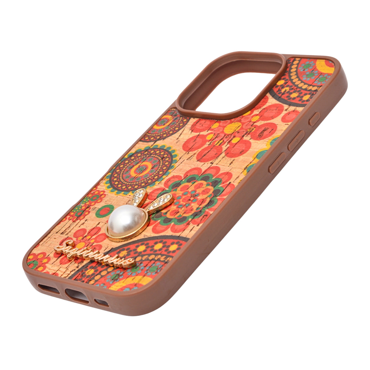 Bohemian Ethnic Print Cork Texture with Pearl Detail Phone Case for iPhone 16 Pro