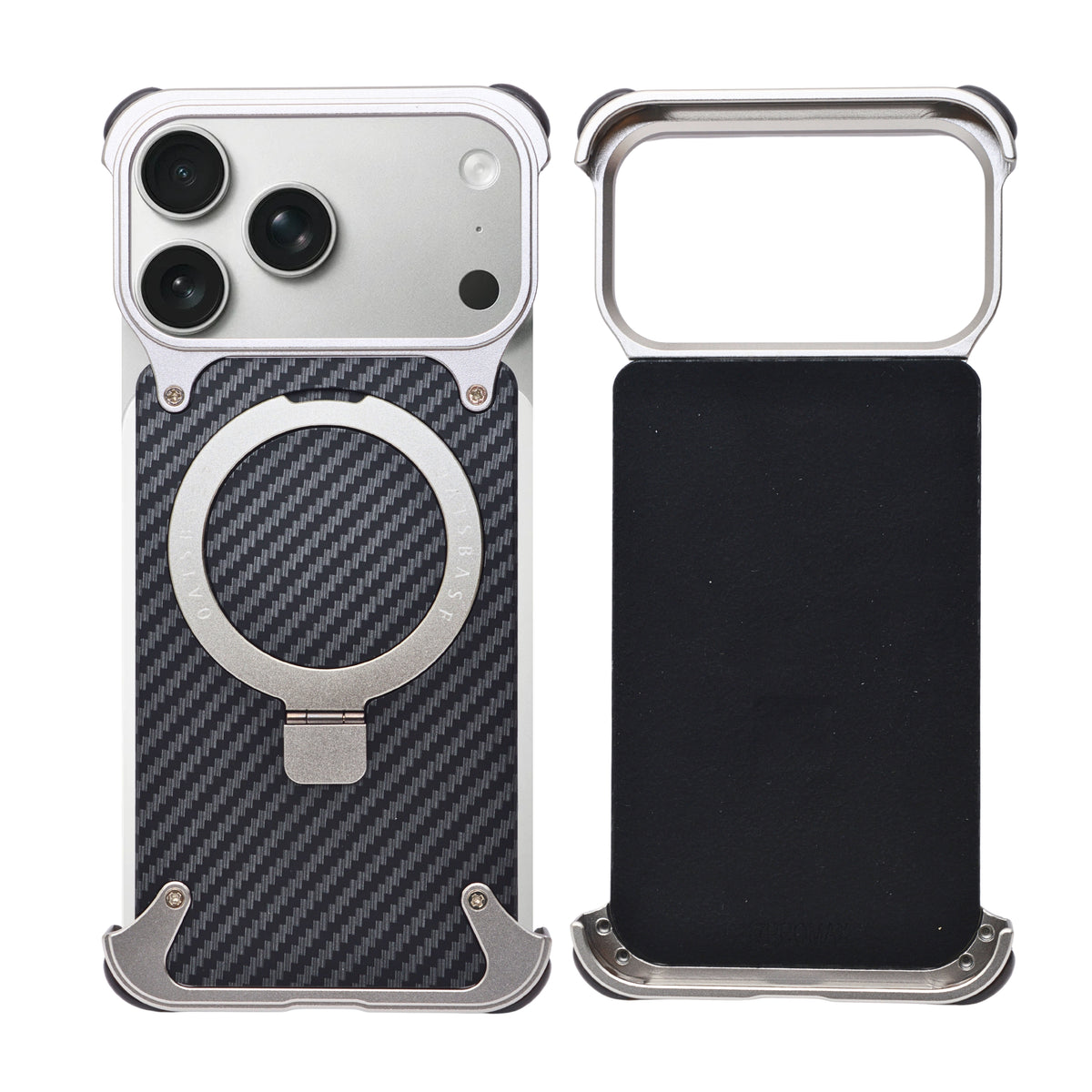 Frameless Carbon Fiber Metal Bumper Case with MagSafe Ring Stand Phone Case for iPhone 17 Pro Max