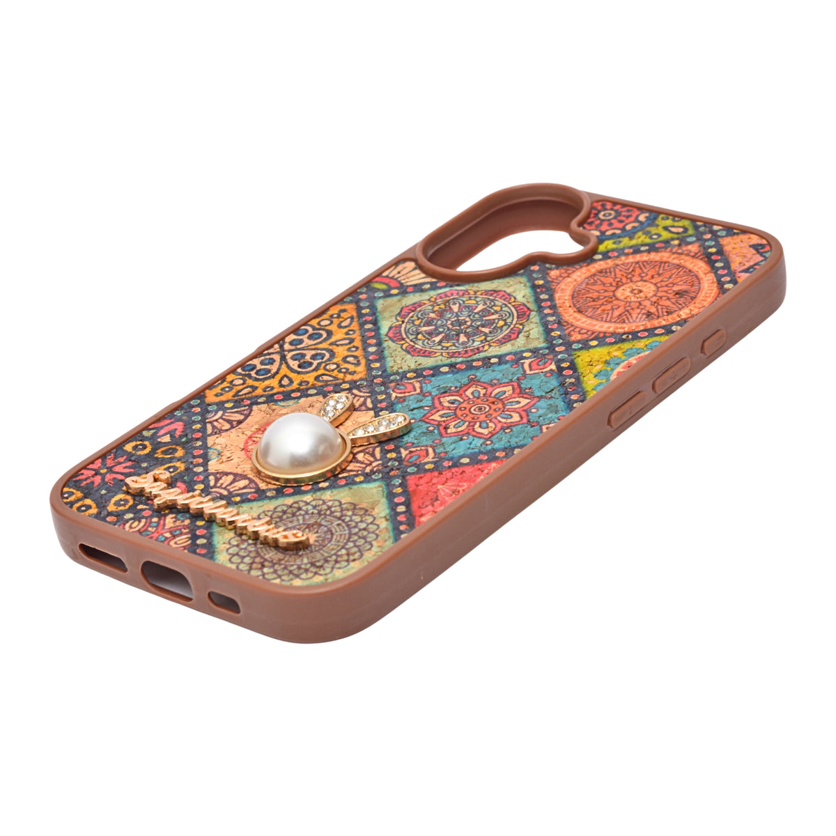 Bohemian Ethnic Print Cork Texture with Pearl Detail Phone Case for iPhone 16