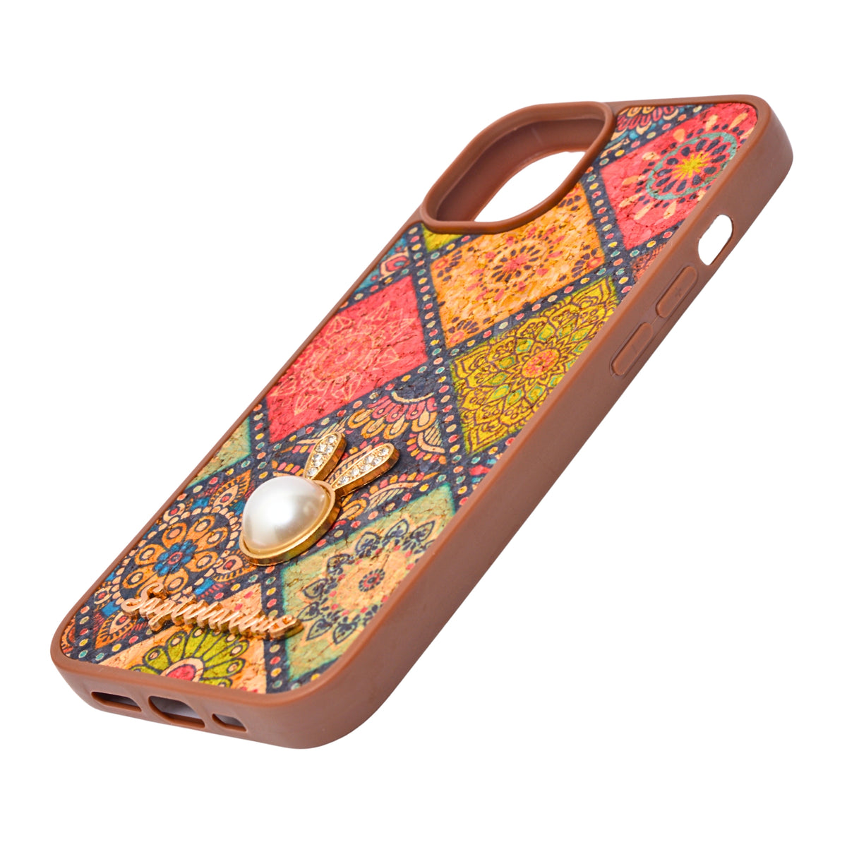 Bohemian Ethnic Print Cork Texture with Pearl Detail Phone Case for iPhone 13 / 14