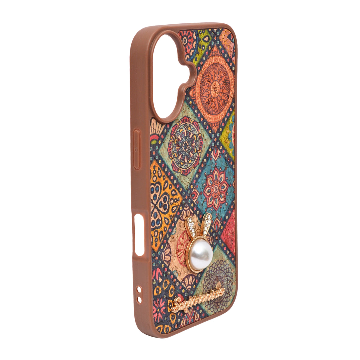 Bohemian Ethnic Print Cork Texture with Pearl Detail Phone Case for iPhone 16