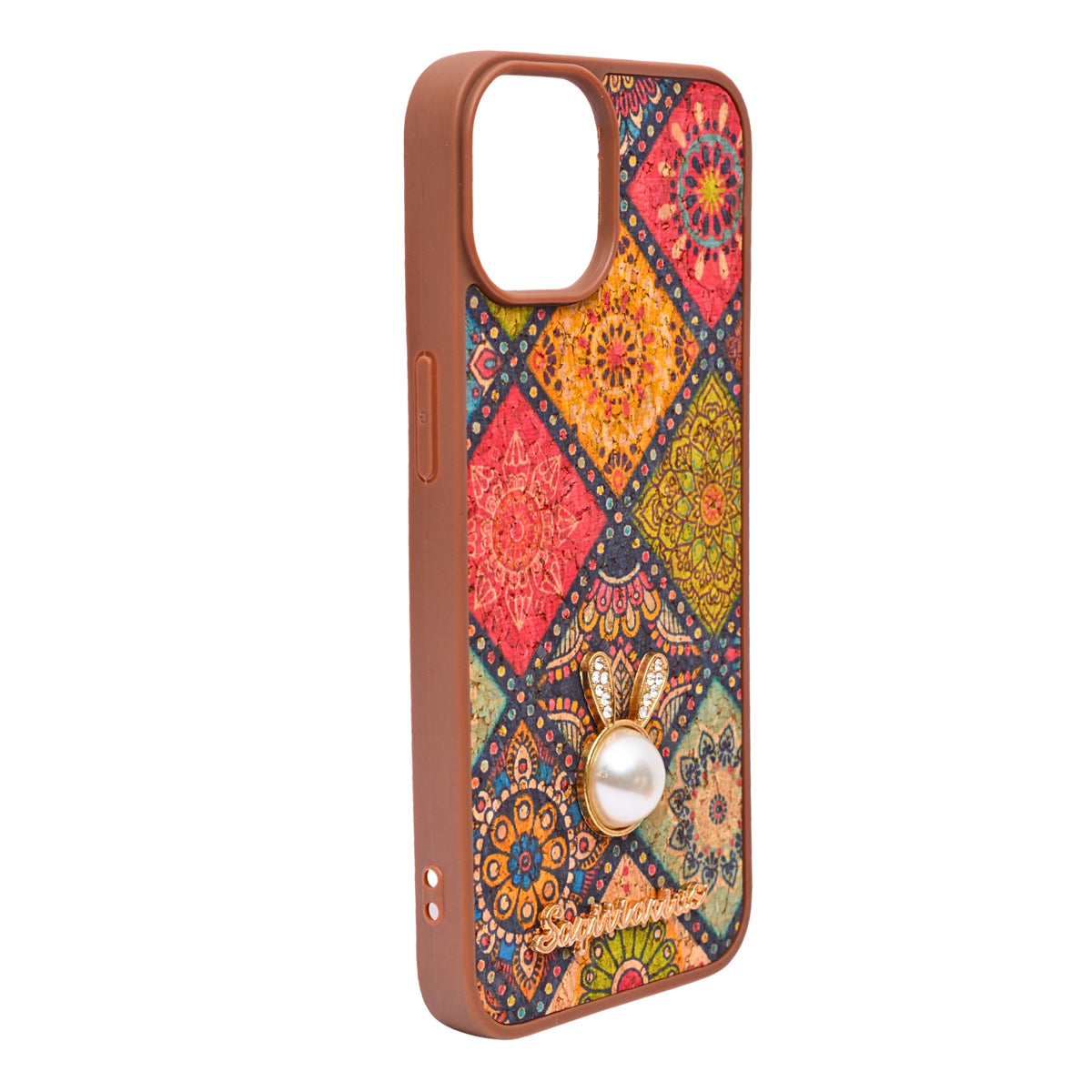 Bohemian Ethnic Print Cork Texture with Pearl Detail Phone Case for iPhone 13 / 14