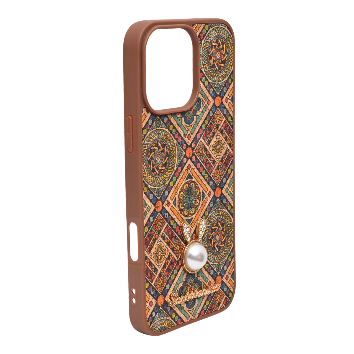 Bohemian Ethnic Print Cork Texture with Pearl Detail Phone Case for iPhone 16 Pro Max